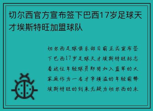 切尔西官方宣布签下巴西17岁足球天才埃斯特旺加盟球队