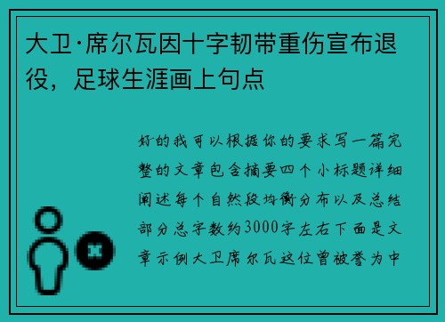 大卫·席尔瓦因十字韧带重伤宣布退役，足球生涯画上句点